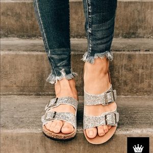 CHUNKY GLITTER DOUBLE BUCKLE CORK SANDALS